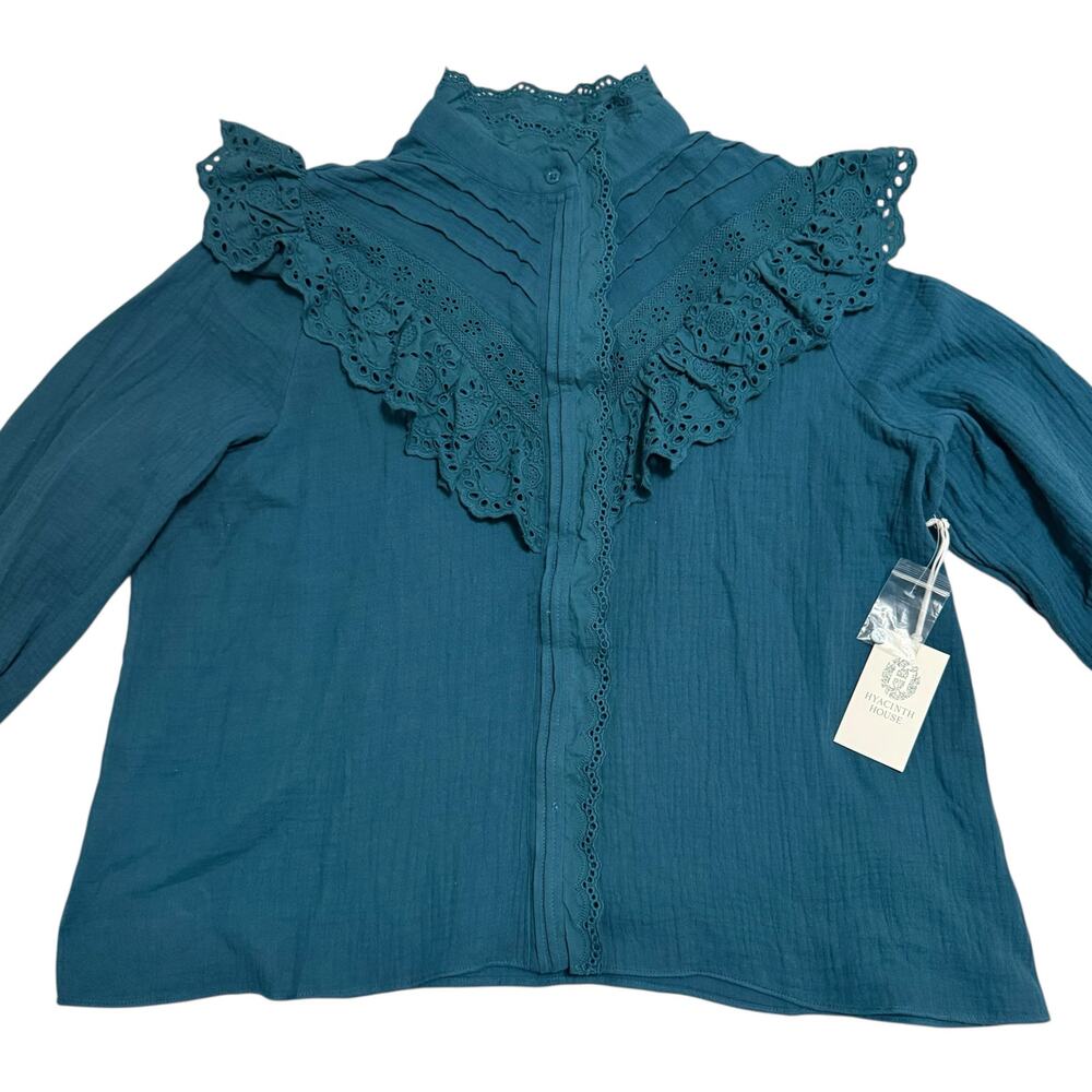 NEW Hyacinth House Tuckernuck Teal Eyelet Tatum Blouse Lace Trim Ruffle Large - Picture 9 of 14
